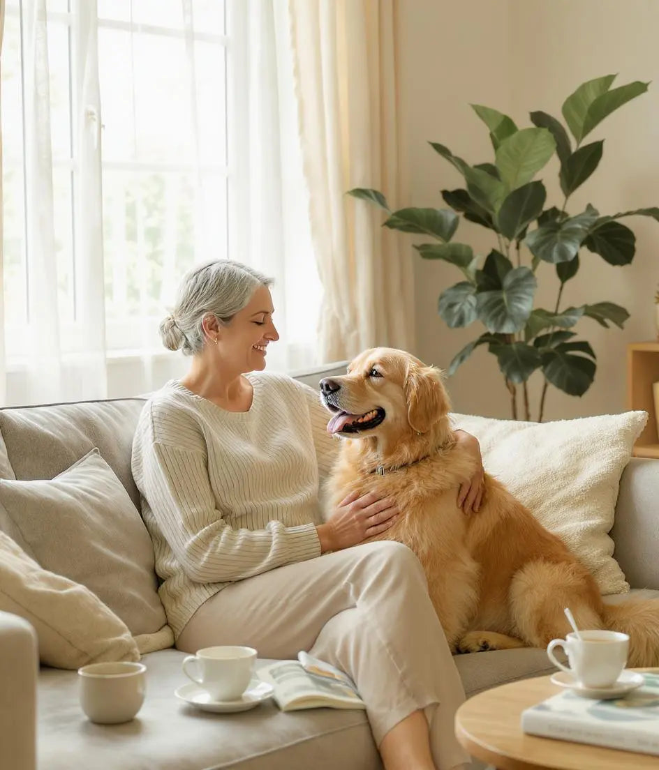A dog sitting calmly next to its owner, demonstrating the stress-relieving effects of dogs on humans.