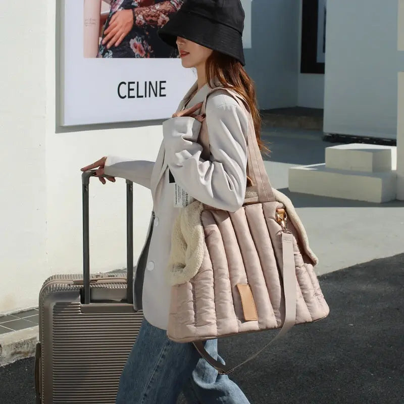 Stylish and durable dog and cat handbag carrier for cold weather outings, with soft plush interior