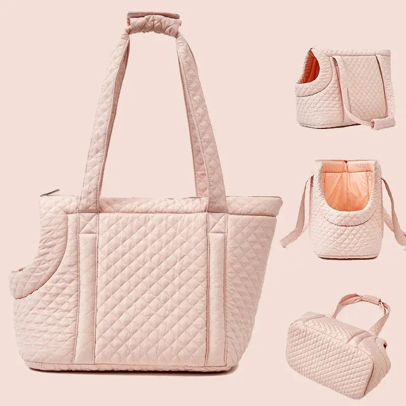 Stylish quilted cotton pet handbag for small dogs and cats, available in chic colors.