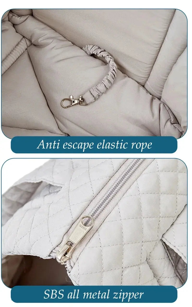 Stylish quilted cotton pet handbag for small dogs and cats, available in chic colors.