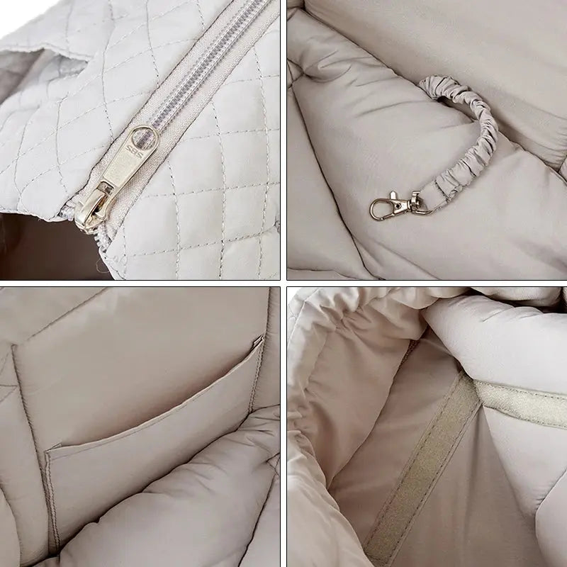 Stylish quilted cotton pet handbag for small dogs and cats, available in chic colors.