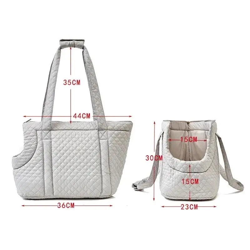 Stylish quilted cotton pet handbag for small dogs and cats, available in chic colors.