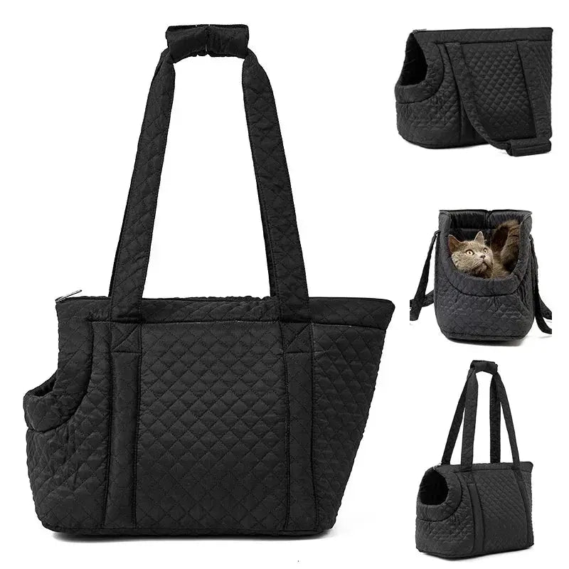 Stylish quilted cotton pet handbag for small dogs and cats, available in chic colors.
