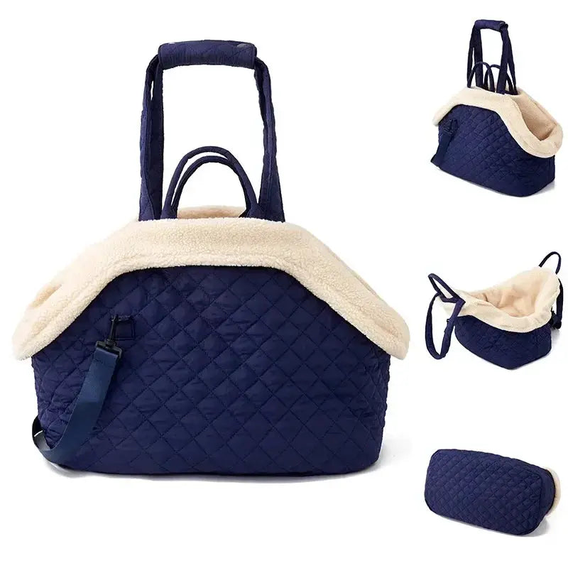 Stylish quilted cotton pet handbag for small dogs and cats, available in chic colors.