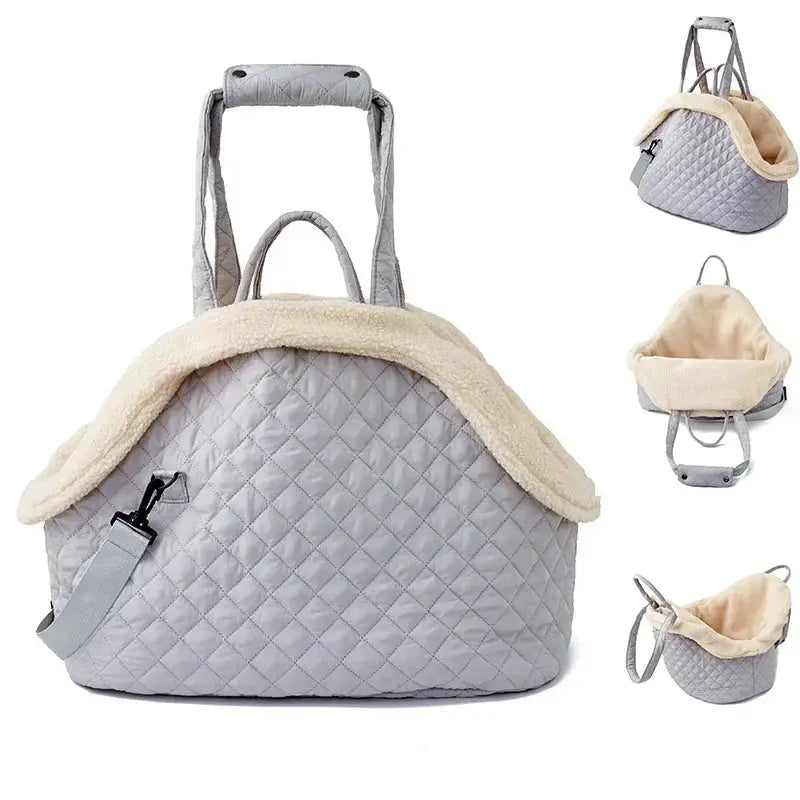 Stylish quilted cotton pet handbag for small dogs and cats, available in chic colors.