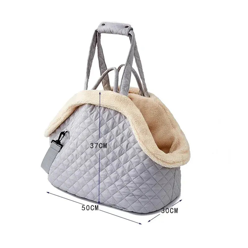 Stylish quilted cotton pet handbag for small dogs and cats, available in chic colors.