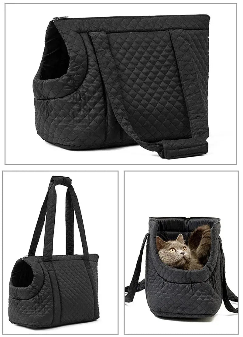 Stylish quilted cotton pet handbag for small dogs and cats, available in chic colors.