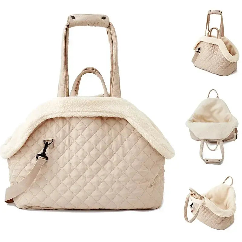 Stylish quilted cotton pet handbag for small dogs and cats, available in chic colors.
