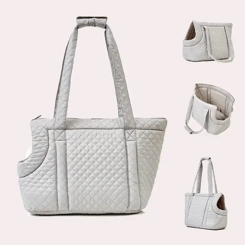 Stylish quilted cotton pet handbag for small dogs and cats, available in chic colors.