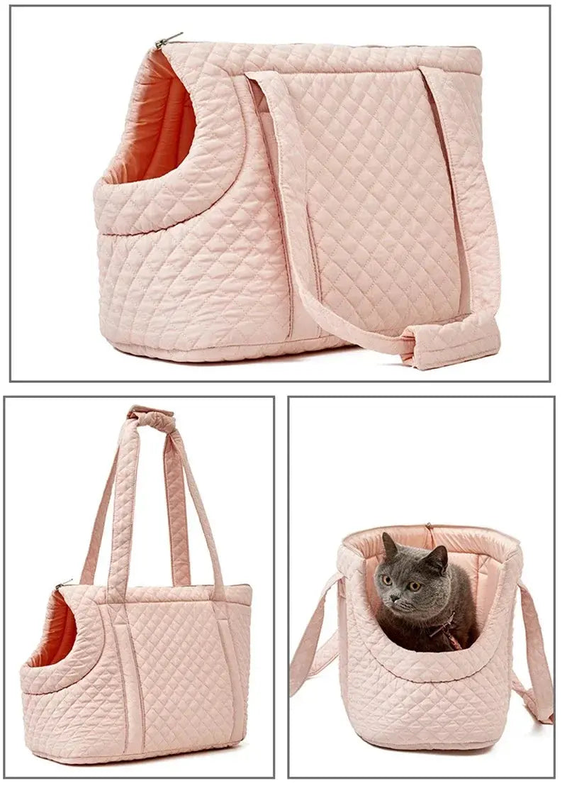 Stylish quilted cotton pet handbag for small dogs and cats, available in chic colors.