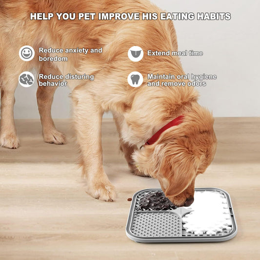 Pet lick mat for dogs and cats – silicone slow feeder mat with suction cups, textured surface, BPA-free, dishwasher safe.
