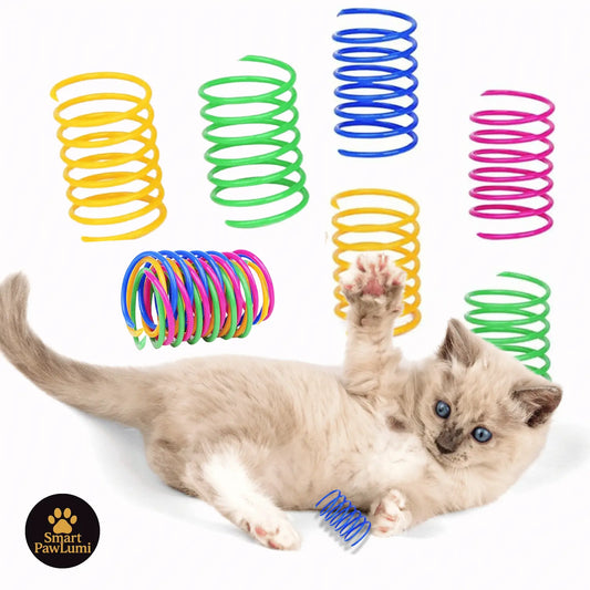 12 colorful plastic spring toys for cats in yellow, green, pink, and blue, designed for swatting, chasing, biting, and playful exercise indoors.