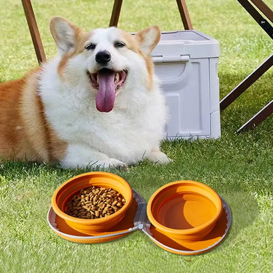 Portable silicone double dog bowl in yellow, brown, and pink colors