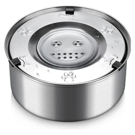 Anti-splash water bowl for dogs available in dual sizes with stainless steel construction.