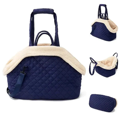 Stylish quilted cotton pet handbag for small dogs and cats, available in chic colors.