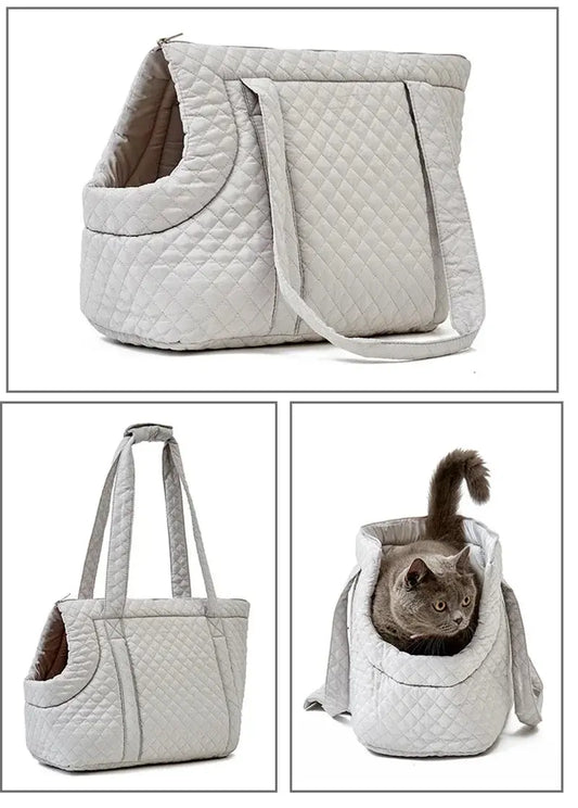 Stylish quilted cotton pet handbag for small dogs and cats, available in chic colors.