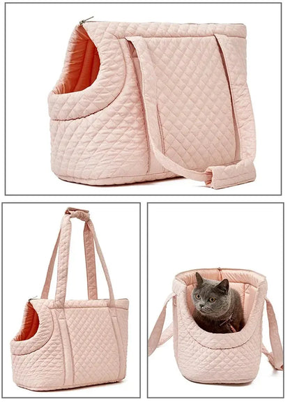Stylish quilted cotton pet handbag for small dogs and cats, available in chic colors.